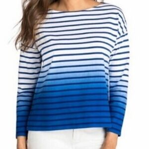 Vineyard Vines Dip Dye Ombré White & Blue Stripe 3/4 Sleeve Boatneck Knit Top